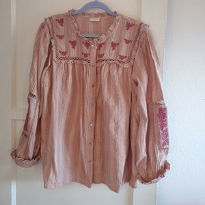 Embroidered  Ruffle Blush Pink Textured Blouse